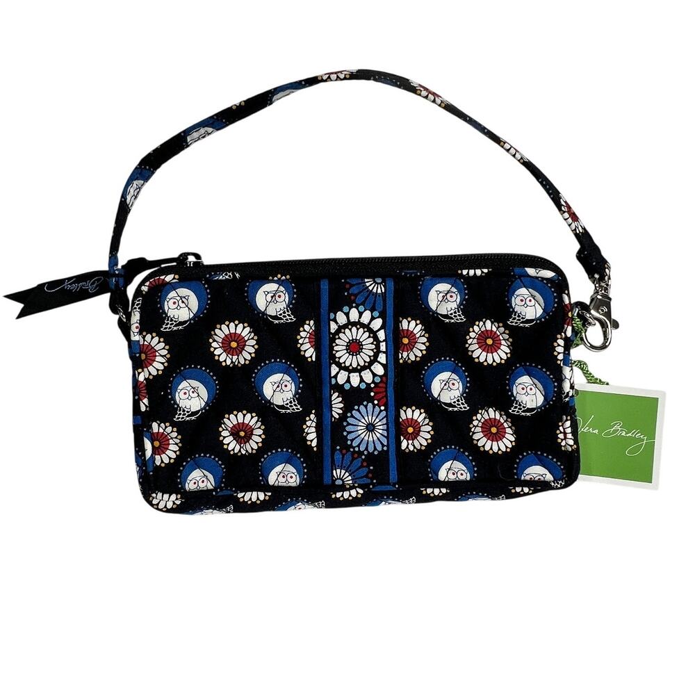 VERA BRADLEY Night Owl Wristlet Dark Black Blue Floral Owl Zip Pouch NWT